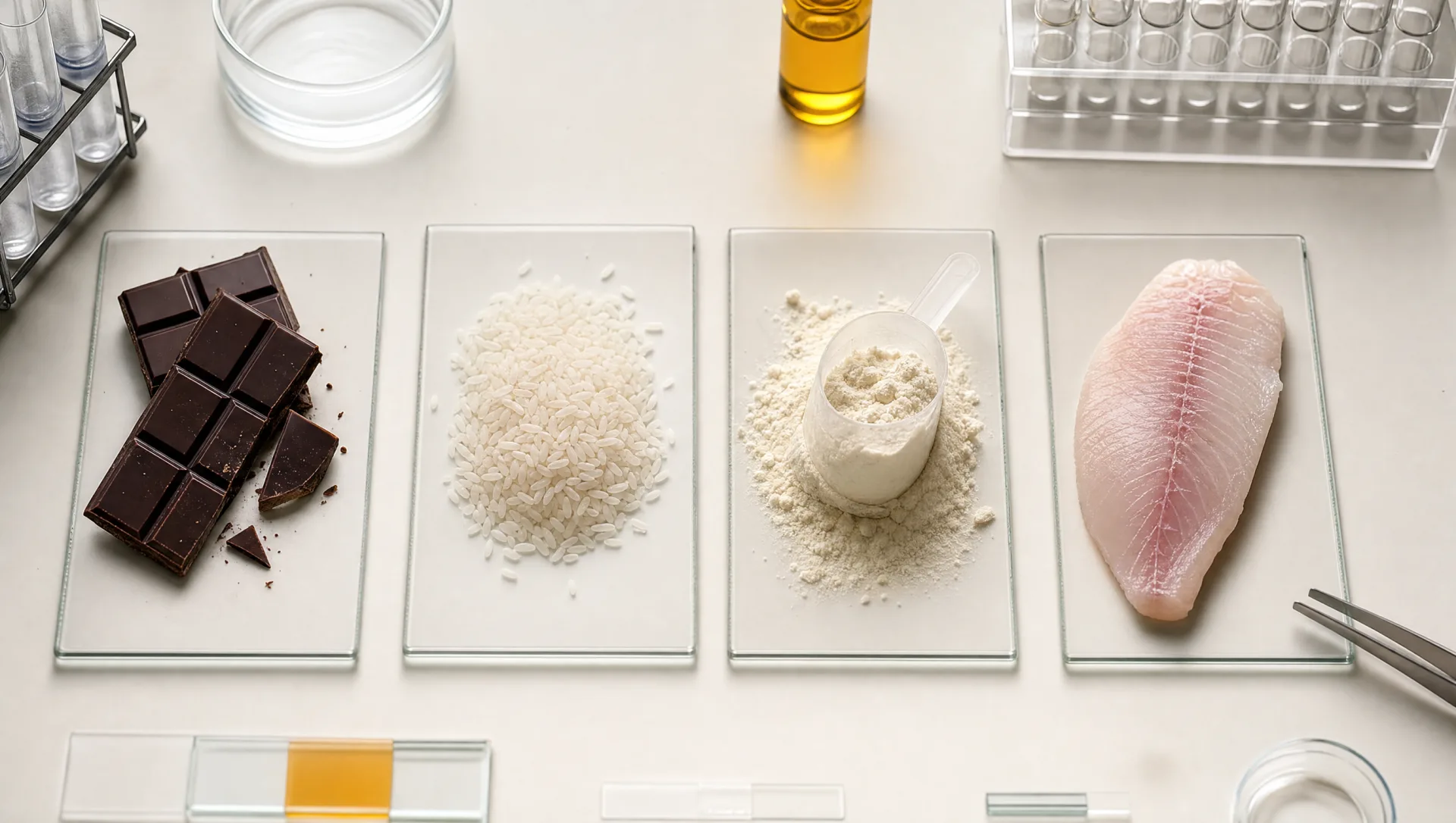 Everyday foods including dark chocolate, rice, and protein powder arranged clinically on a light laboratory surface